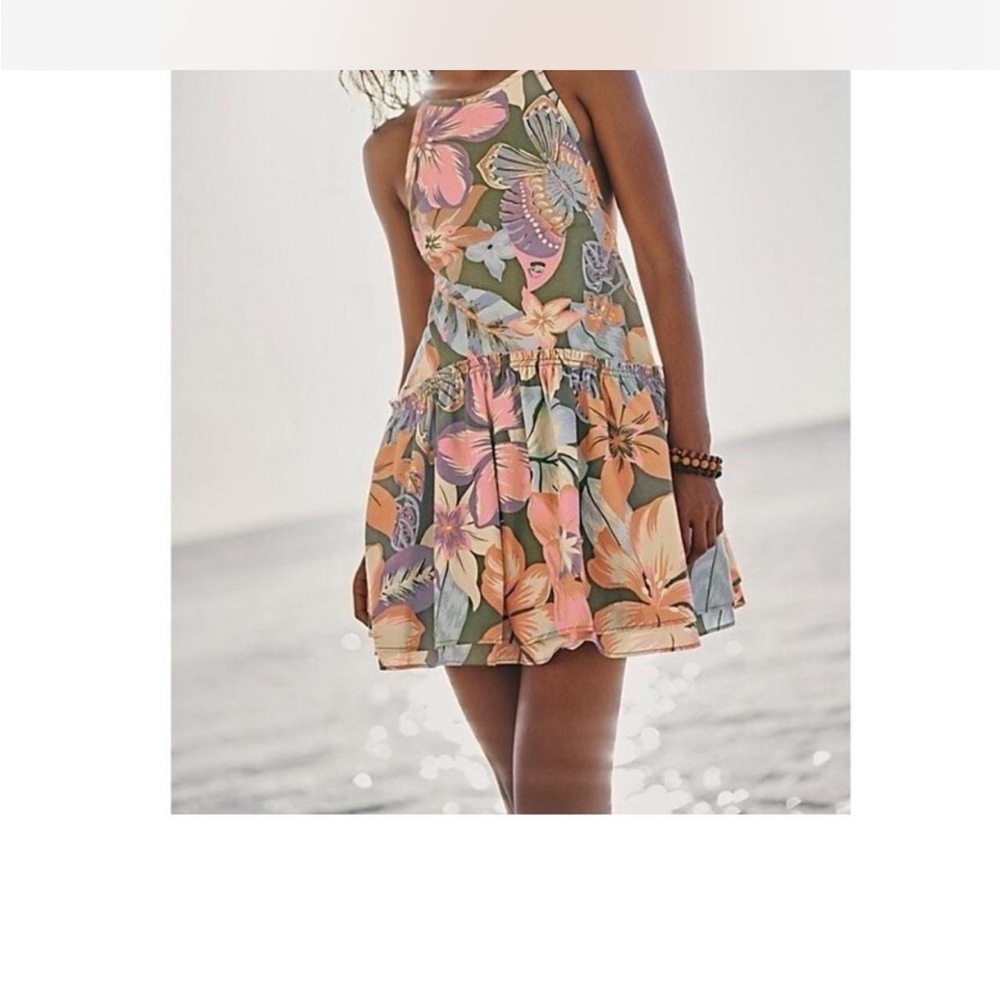 Free People deserted island Pastel Floral Cotton Beach Dress open tie back Sz M